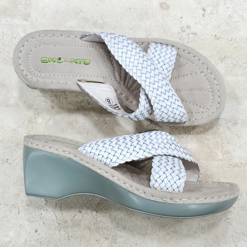 Encanto sandals women's 8 white leather woven criss cross wedge heels slip on